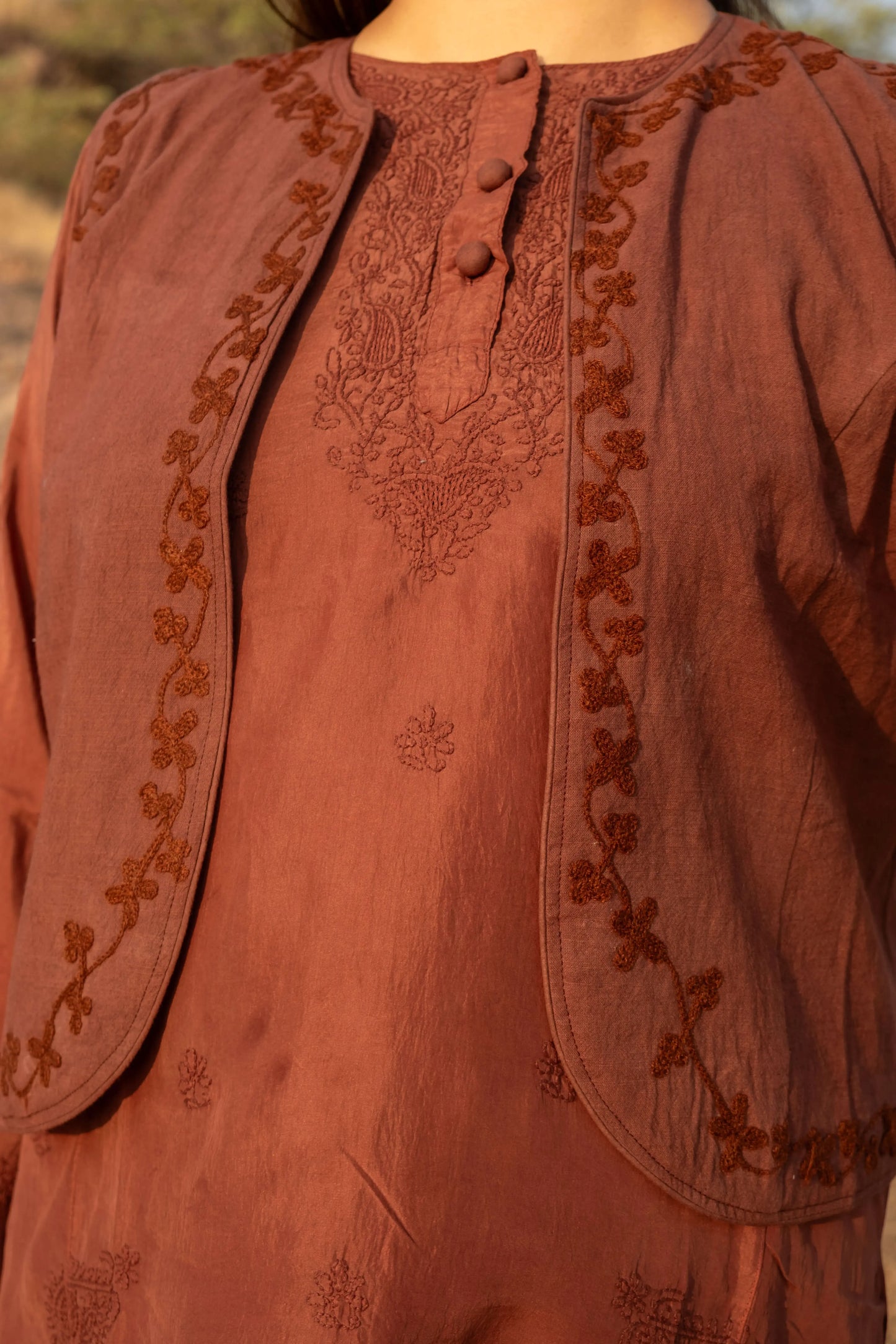 Amhara Chikankari Koti Set (3 Pieces) - Cocoa Brown