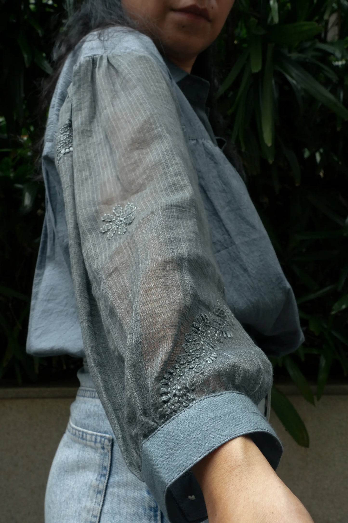 Balloon Sleeve Chikankari Shirt - Slate Grey