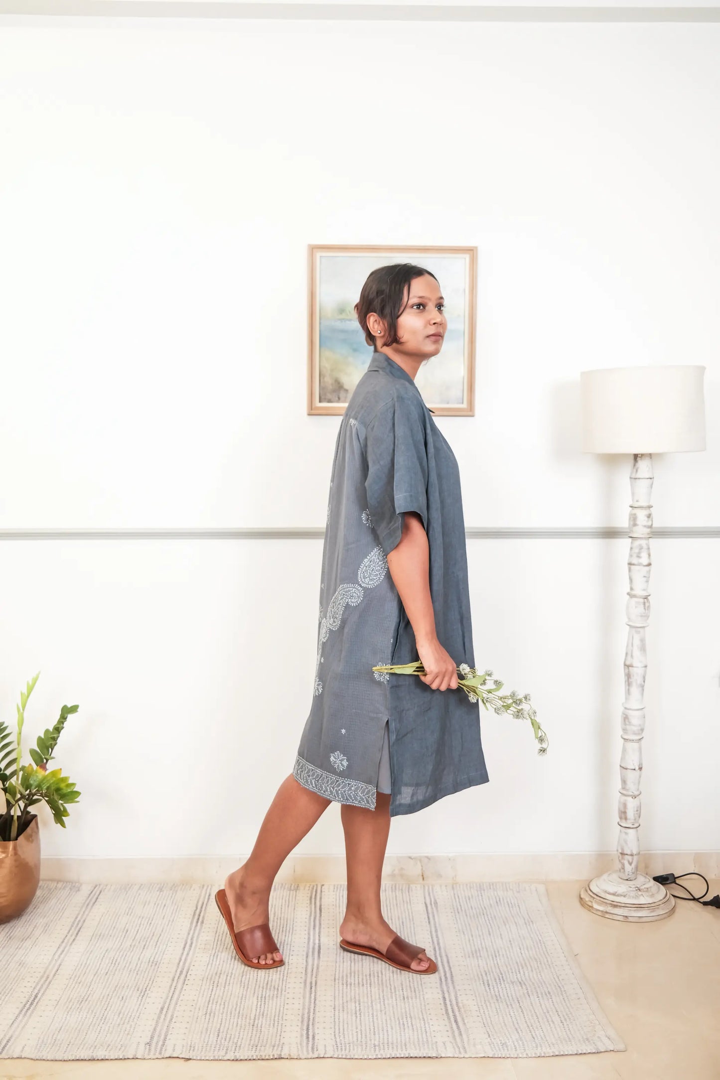 Collared Linen Chikankari Dress