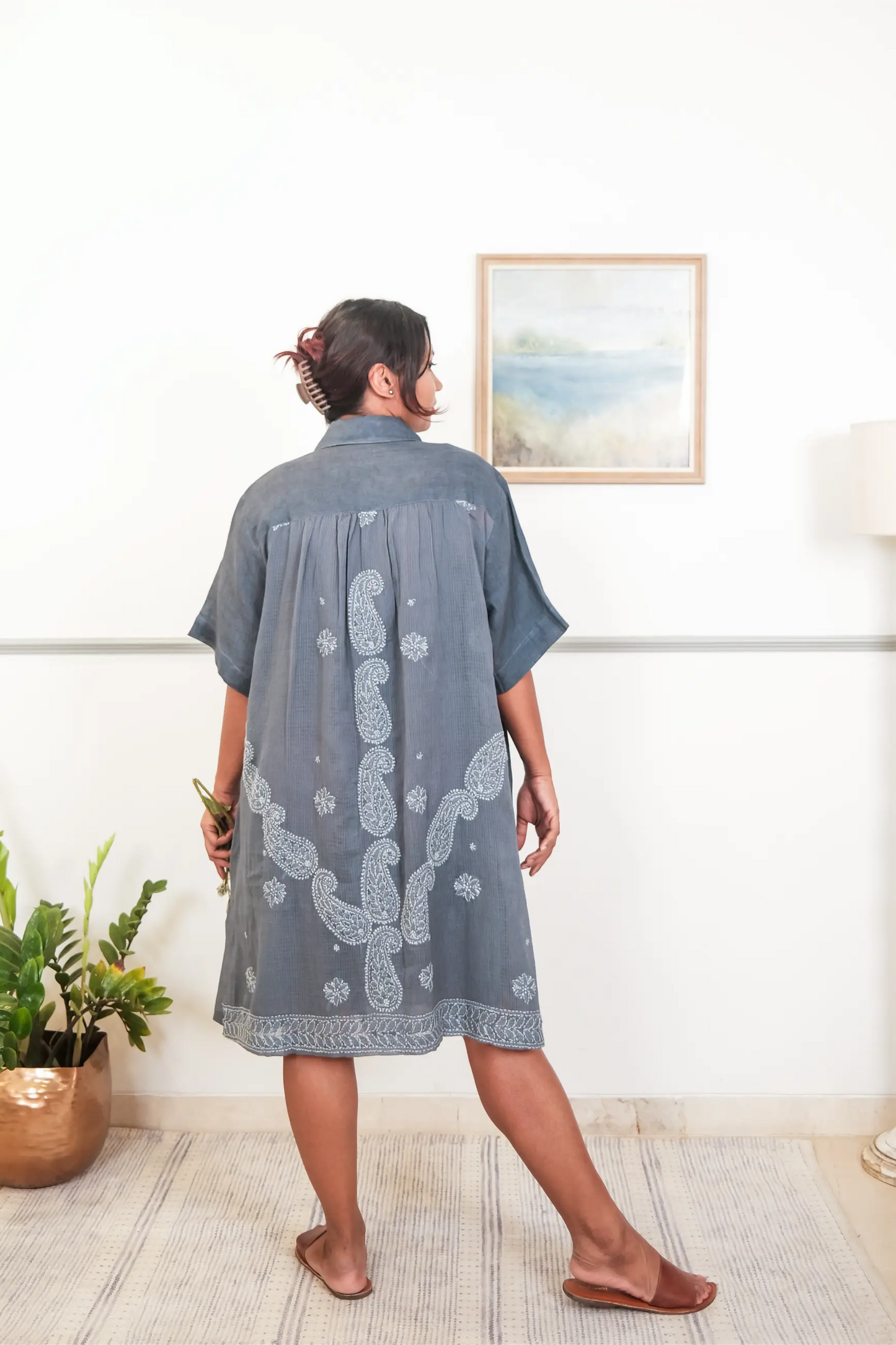 Collared Linen Chikankari Dress