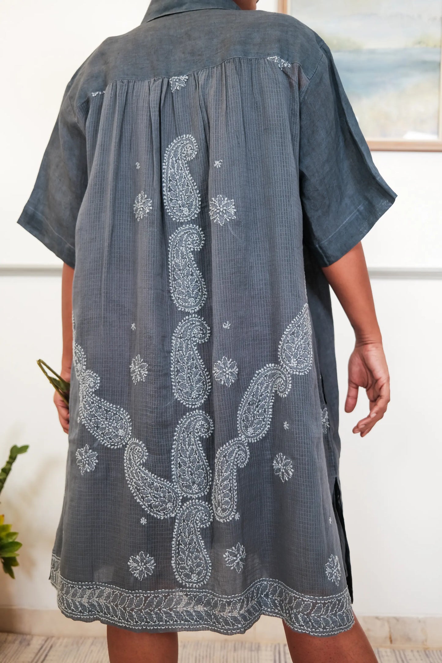 Collared Linen Chikankari Dress