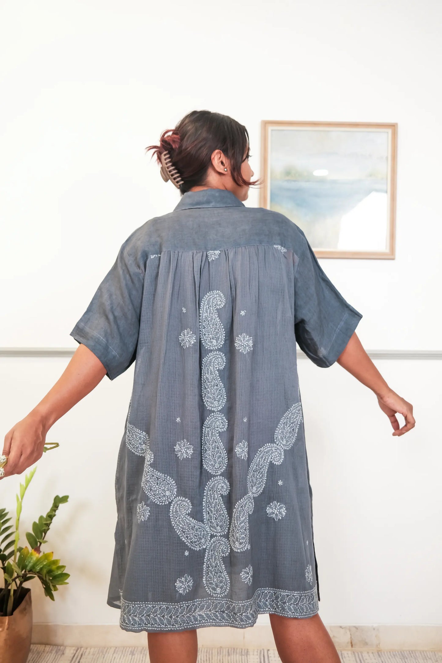 Collared Linen Chikankari Dress