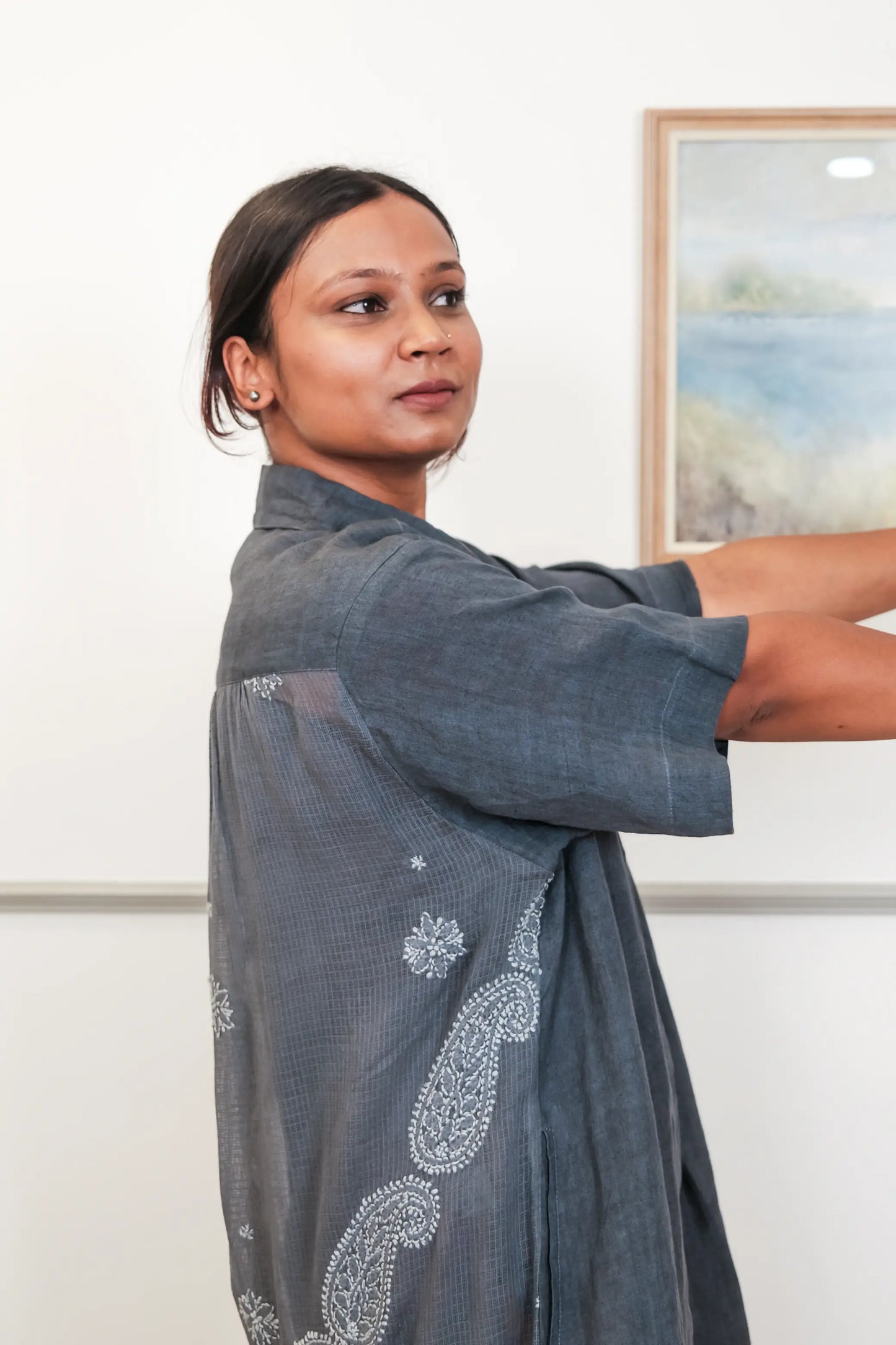 Collared Linen Chikankari Dress