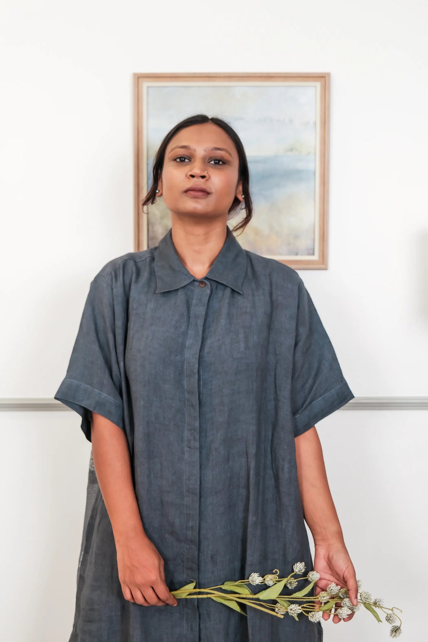 Collared Linen Chikankari Dress