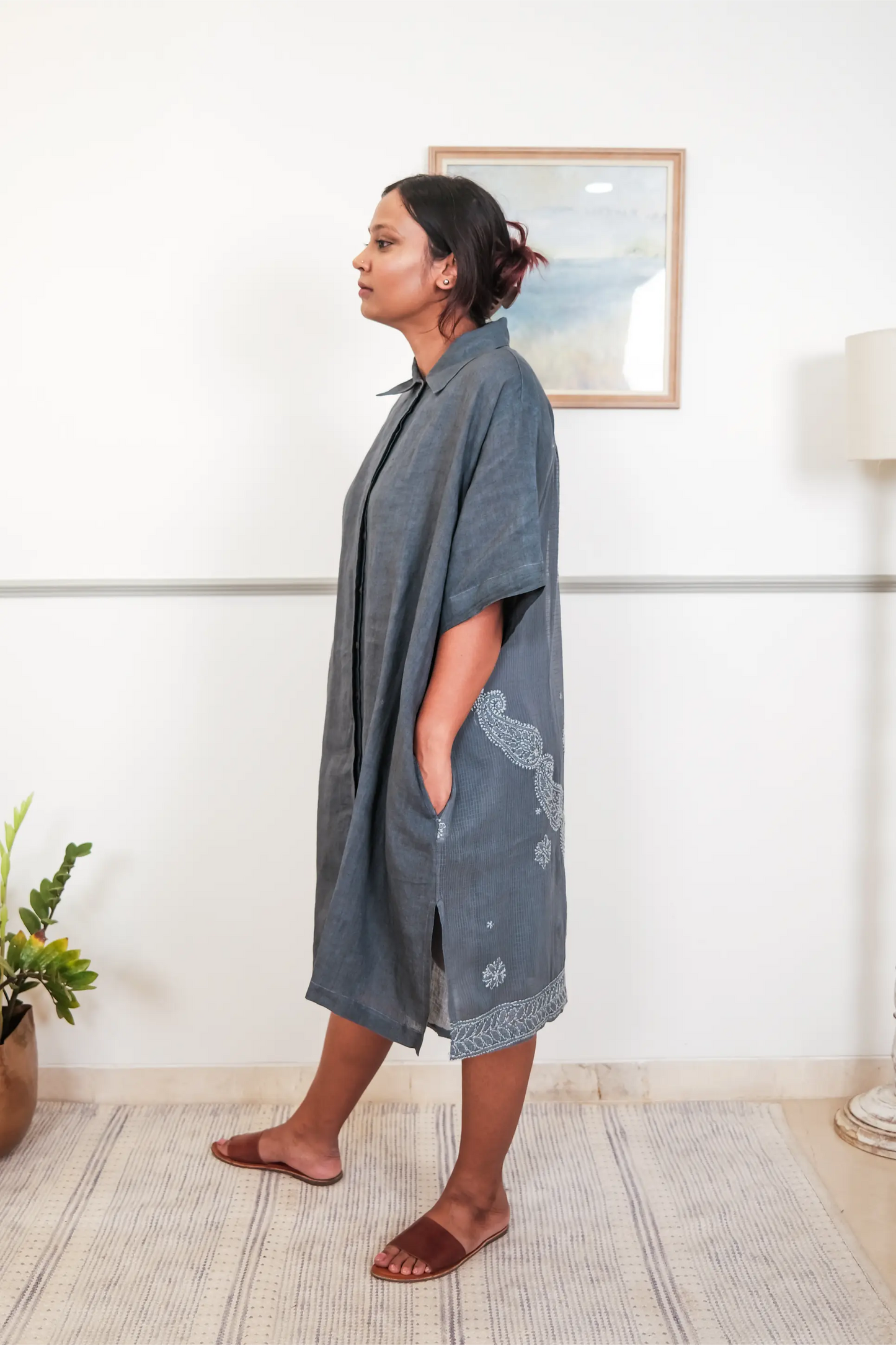 Collared Linen Chikankari Dress