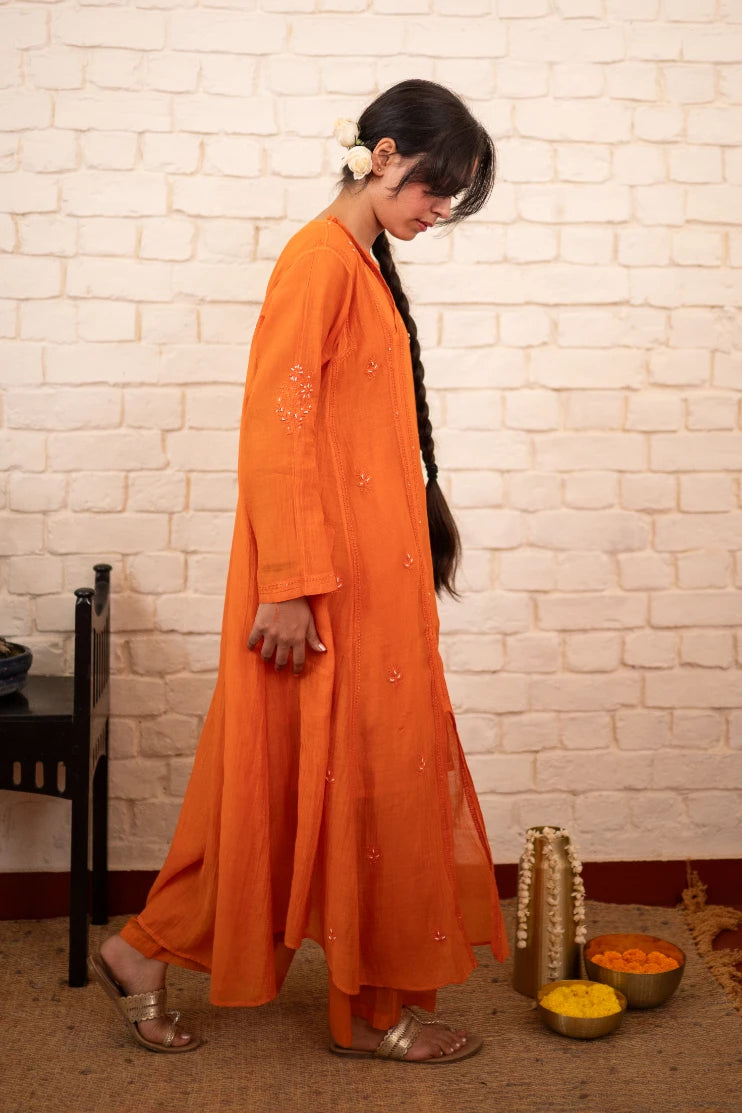 Burnt Orange Chikankari Mul Angrakha Co-ord Set