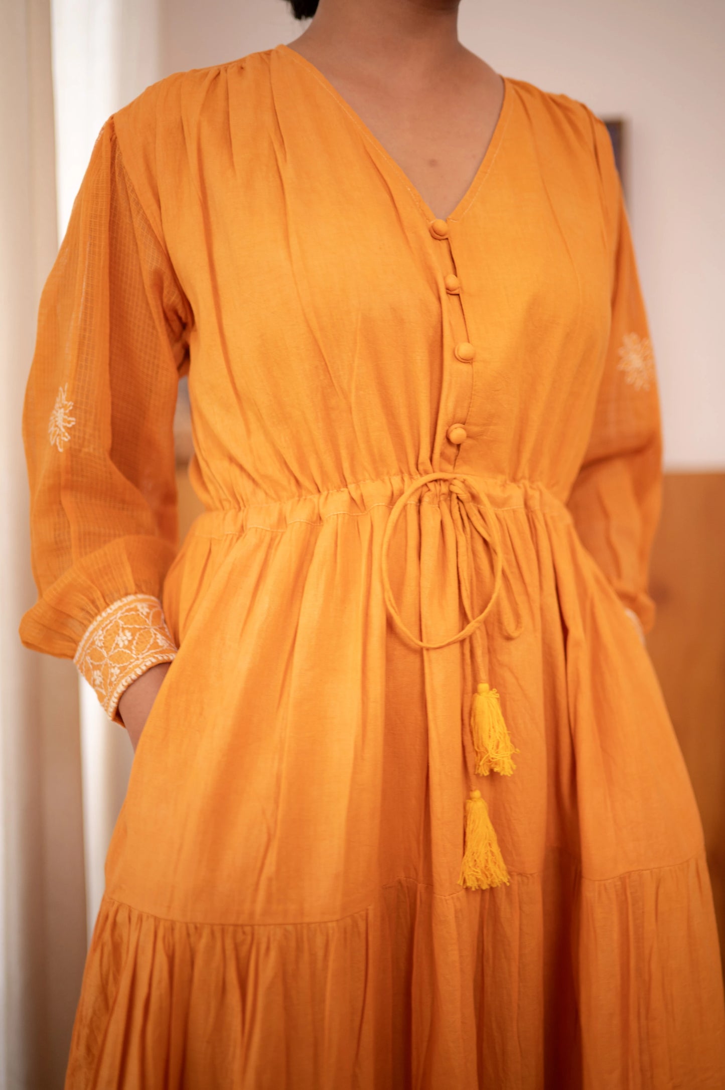 Chikankari Baazu Layered Dress - Tangerine