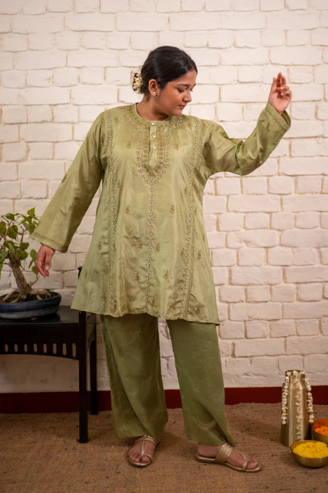 Pista Green Chikankari Silk Short Kurta Co-ord Set