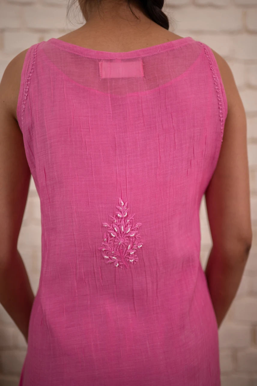 Rose Pink Chikankari Mul Sleeveless Co-ord Set