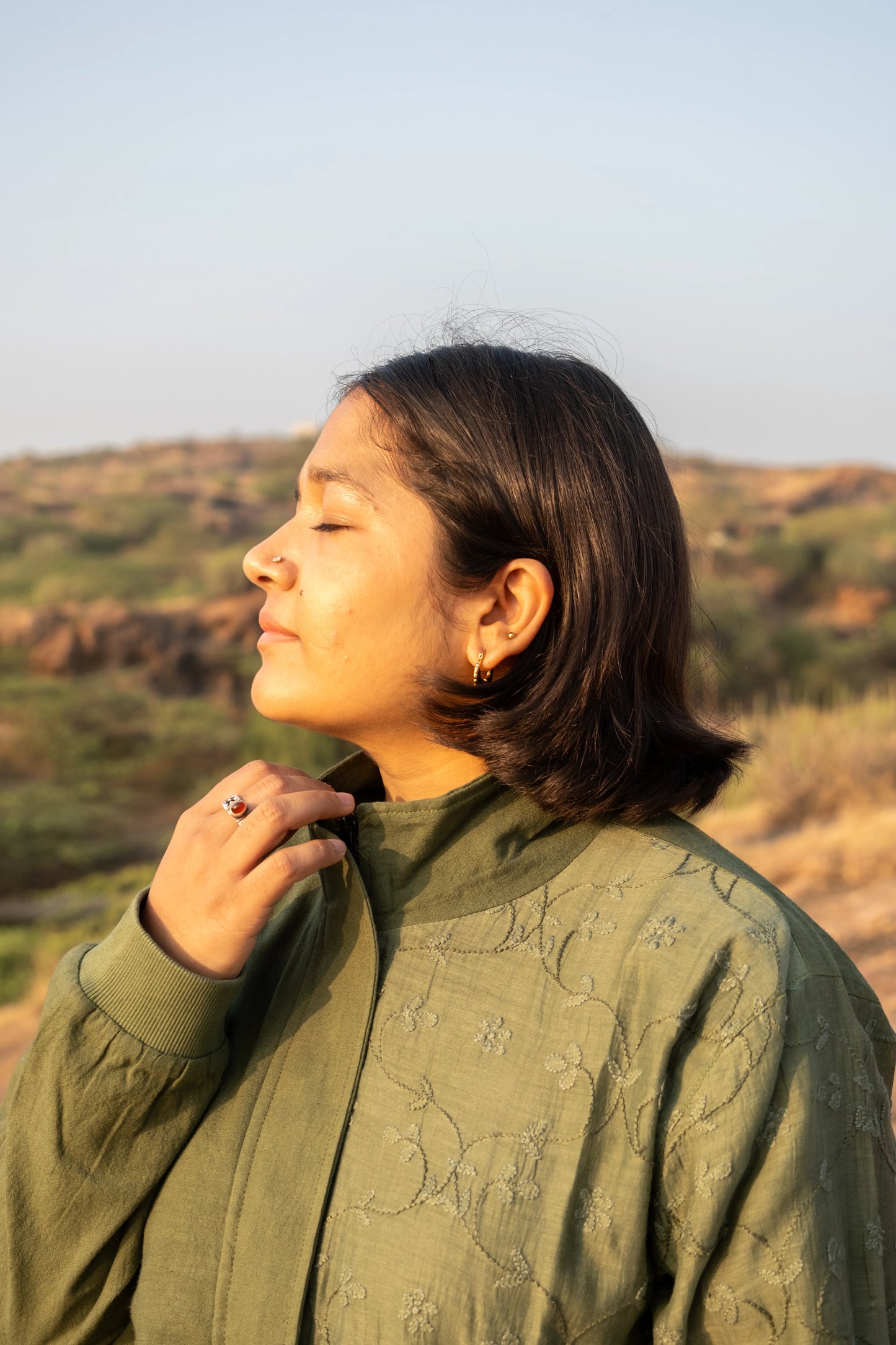 Amhara Chikankari Bomber Jacket - Olive Moss