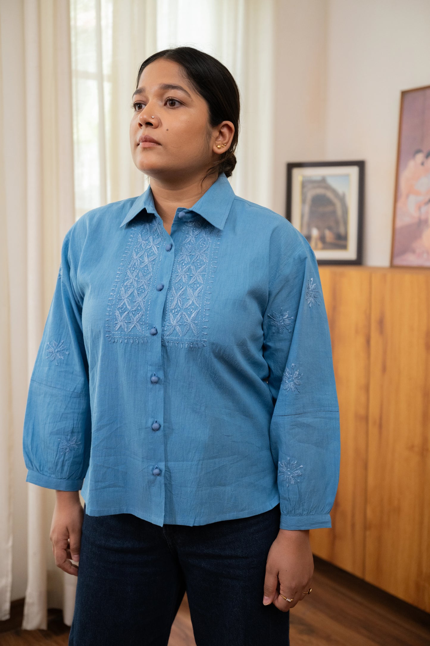 Amhara Soft Summer Chikankari Shirt - Ocean Blue