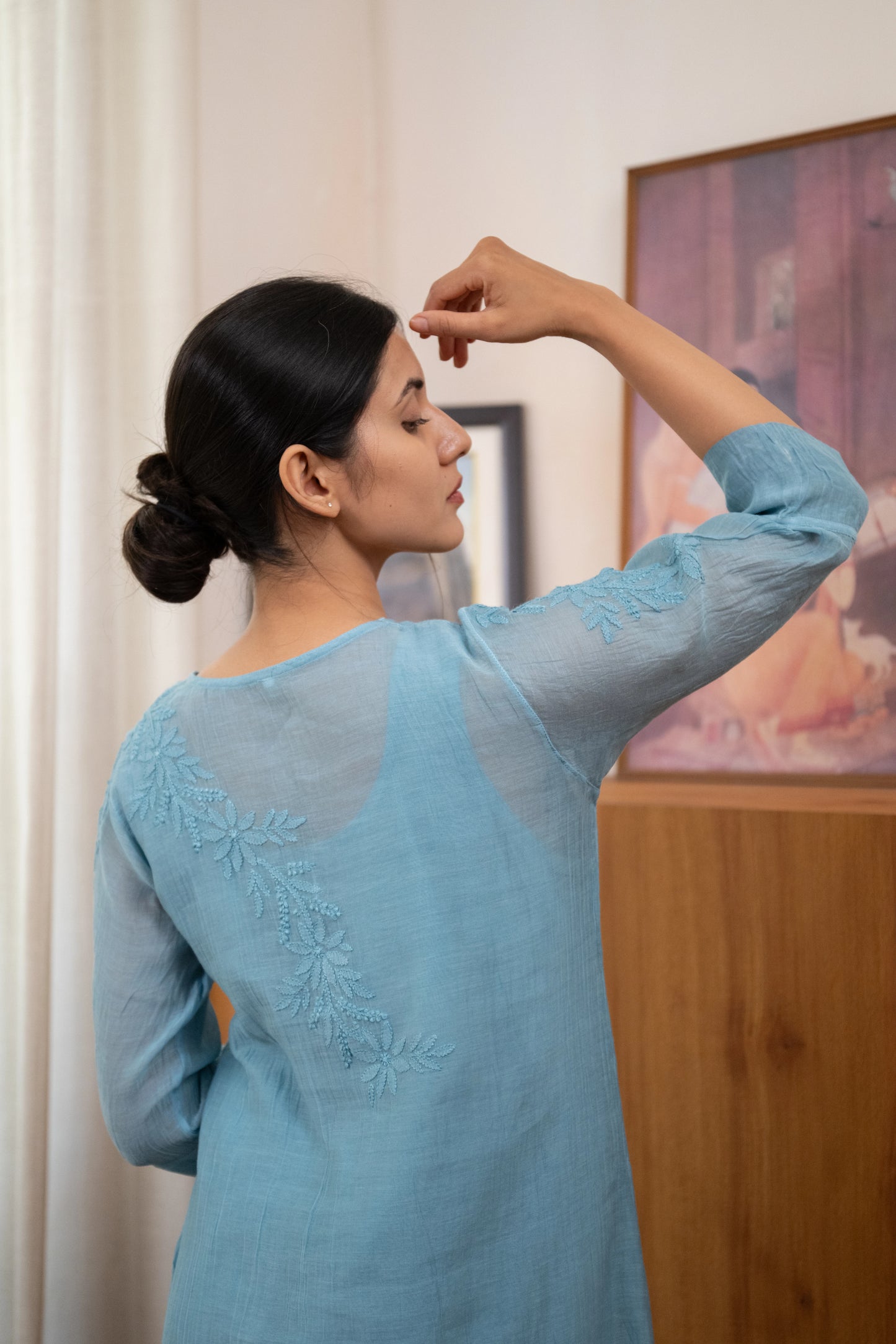 Amhara Soft Summer Chikankari Sleeve Dress - Mist Blue