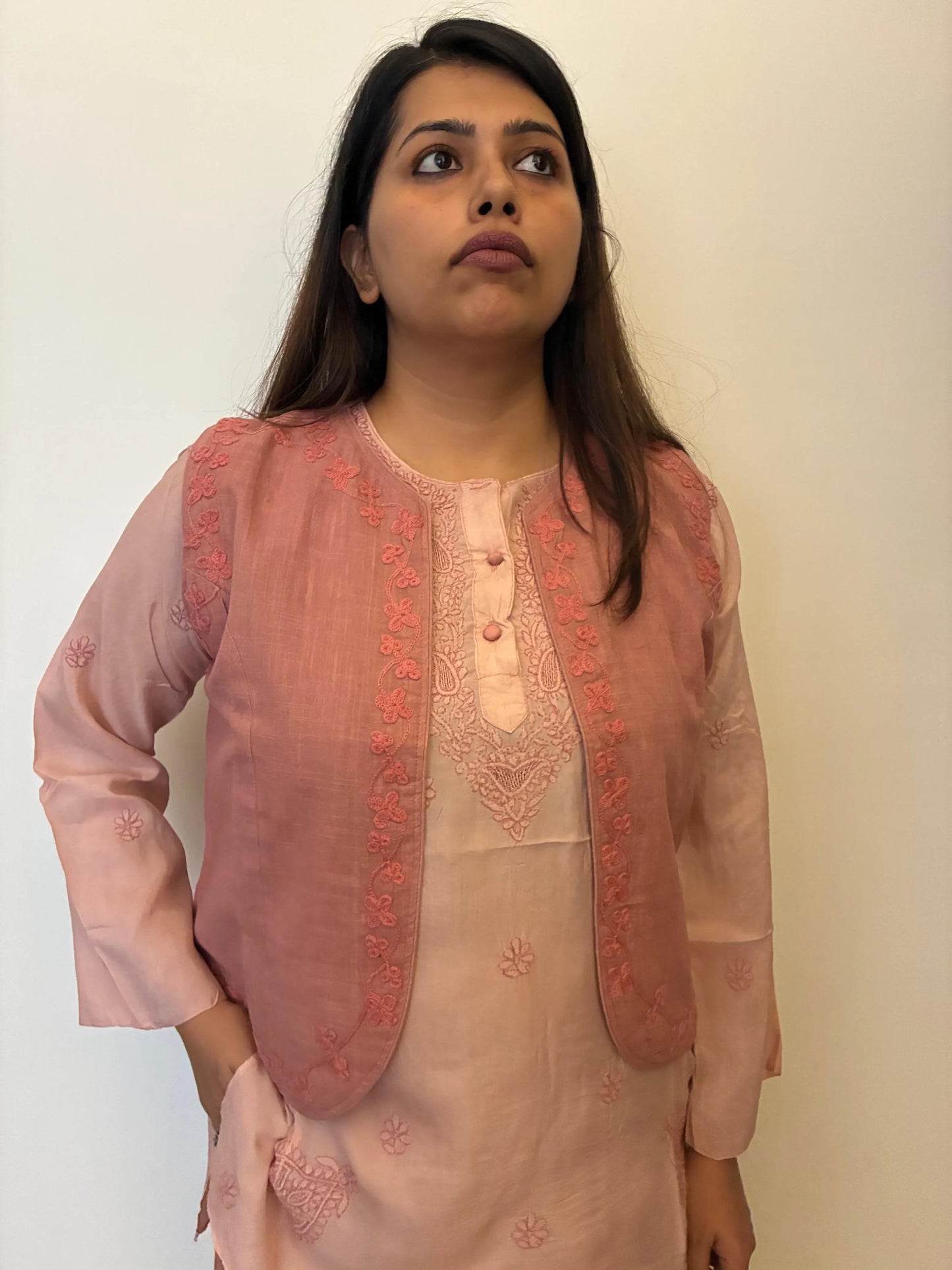 Amhara Chikankari Silk Co-ord Set (2 Pieces) - Dusky Rose