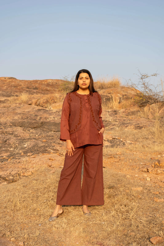 Amhara Chikankari Koti Set (3 Pieces) - Cocoa Brown