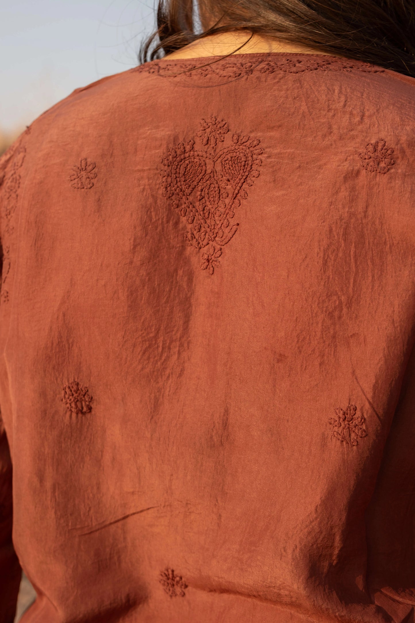 Amhara Chikankari Koti Set (3 Pieces) - Cocoa Brown