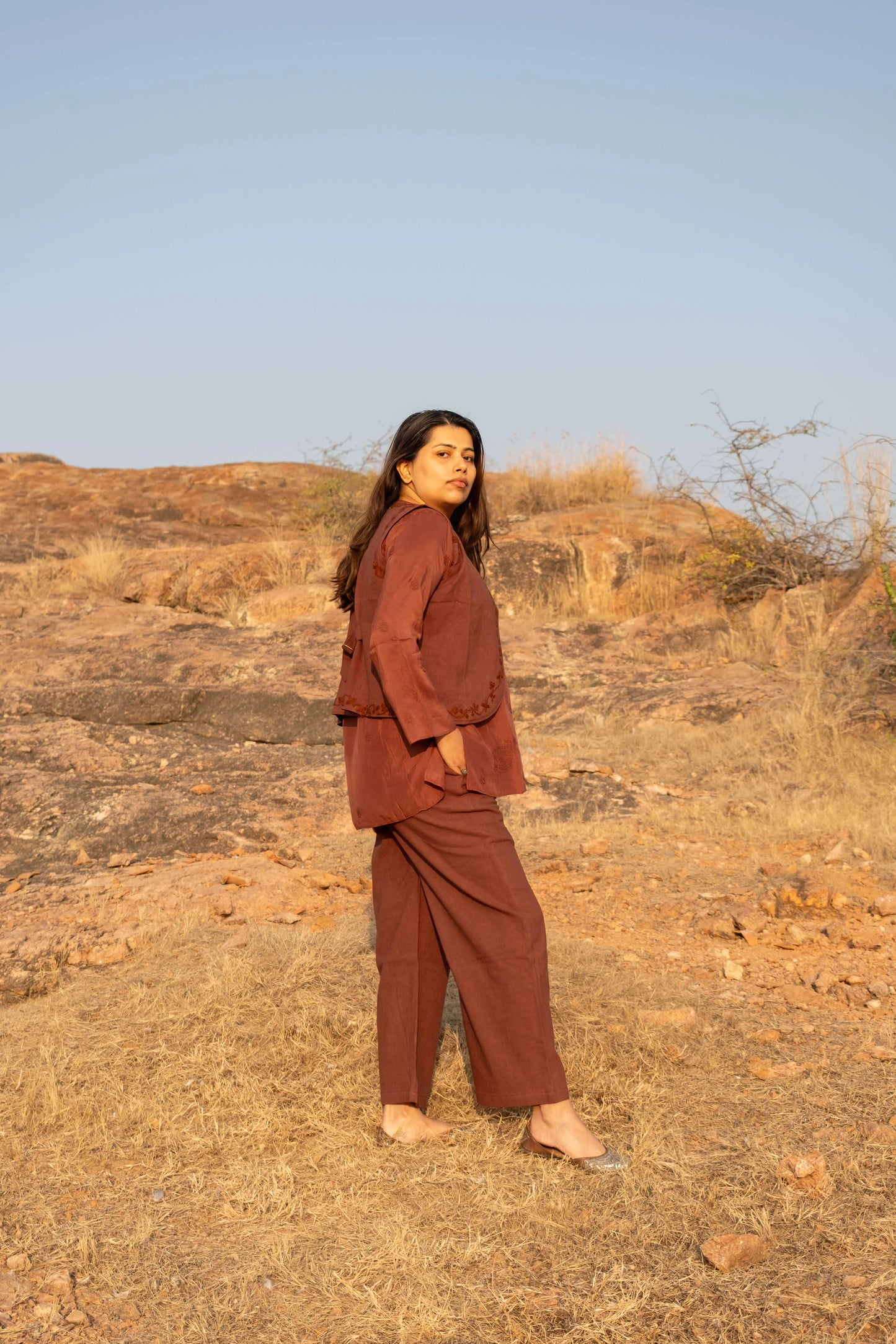 Amhara Chikankari Koti Set (3 Pieces) - Cocoa Brown