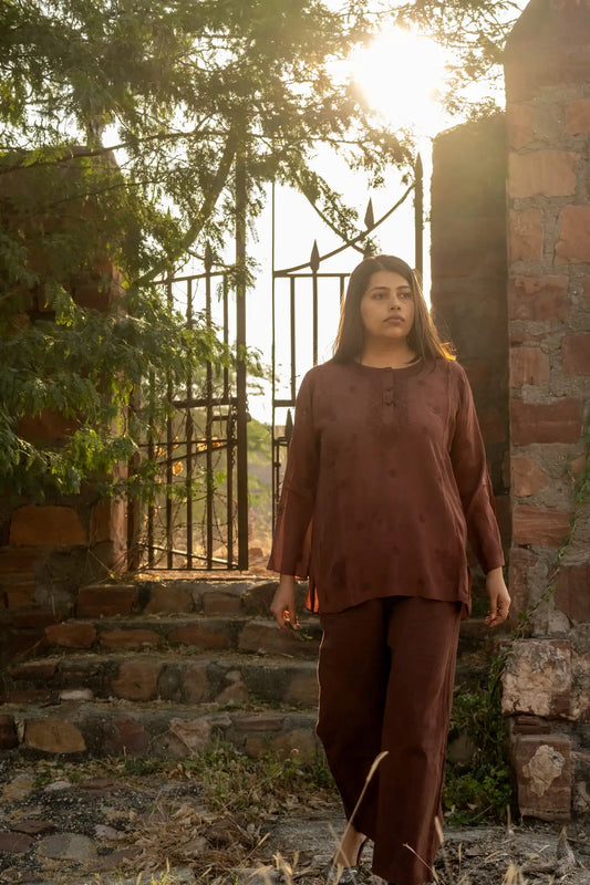 Amhara Chikankari Silk Co-ord Set (2 Pieces) - Cocoa Brown