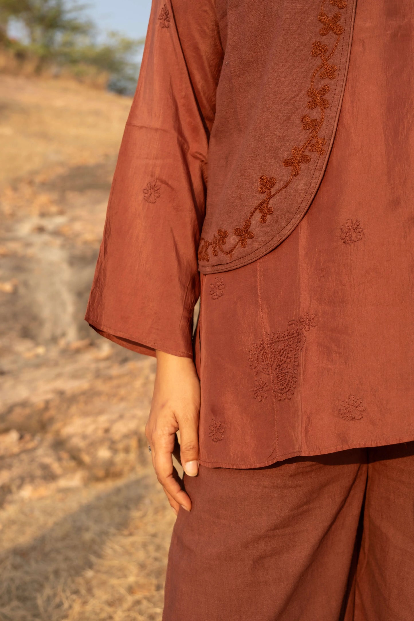 Amhara Chikankari Koti Set (3 Pieces) - Cocoa Brown