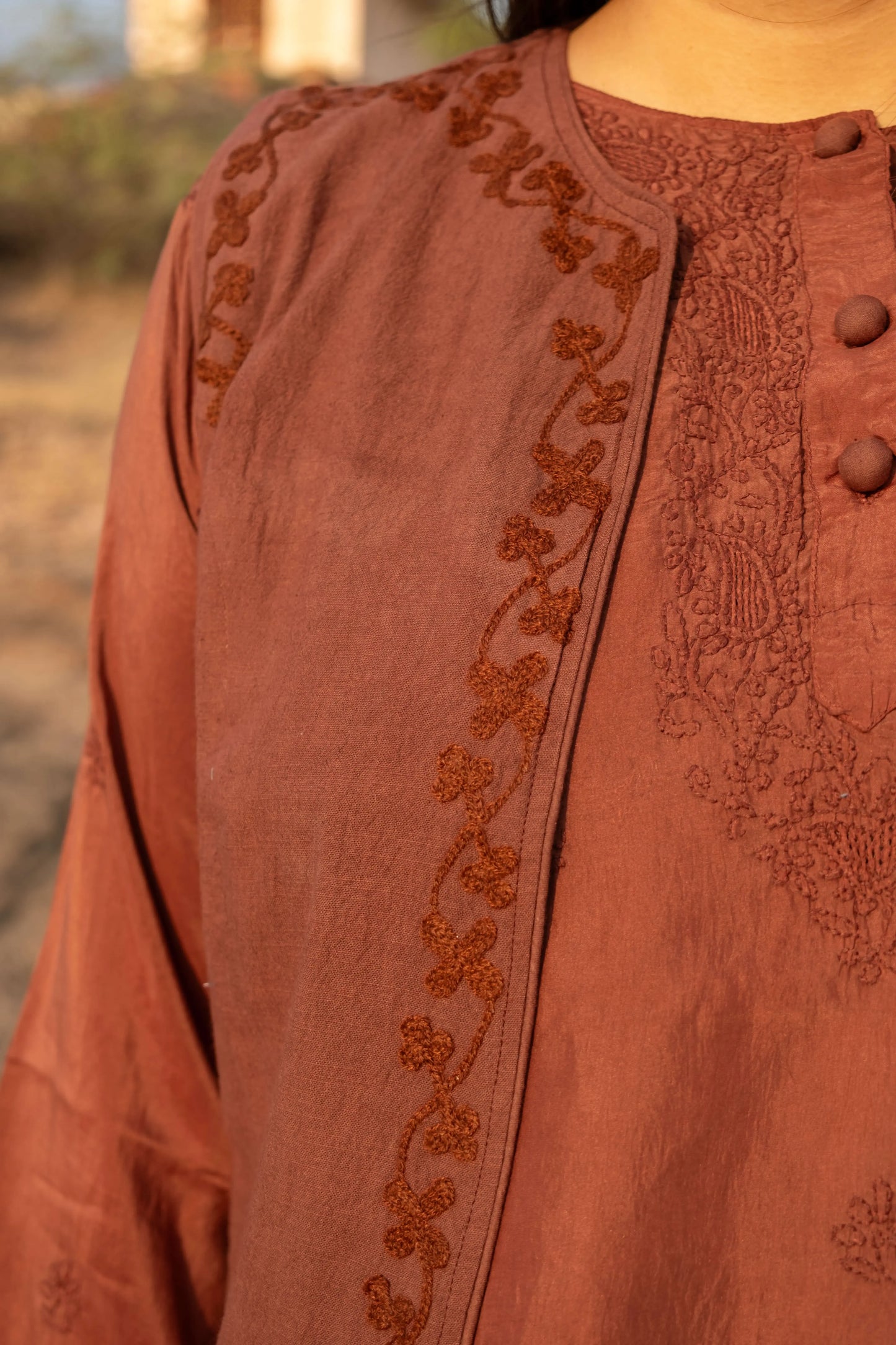 Amhara Chikankari Koti Set (3 Pieces) - Cocoa Brown