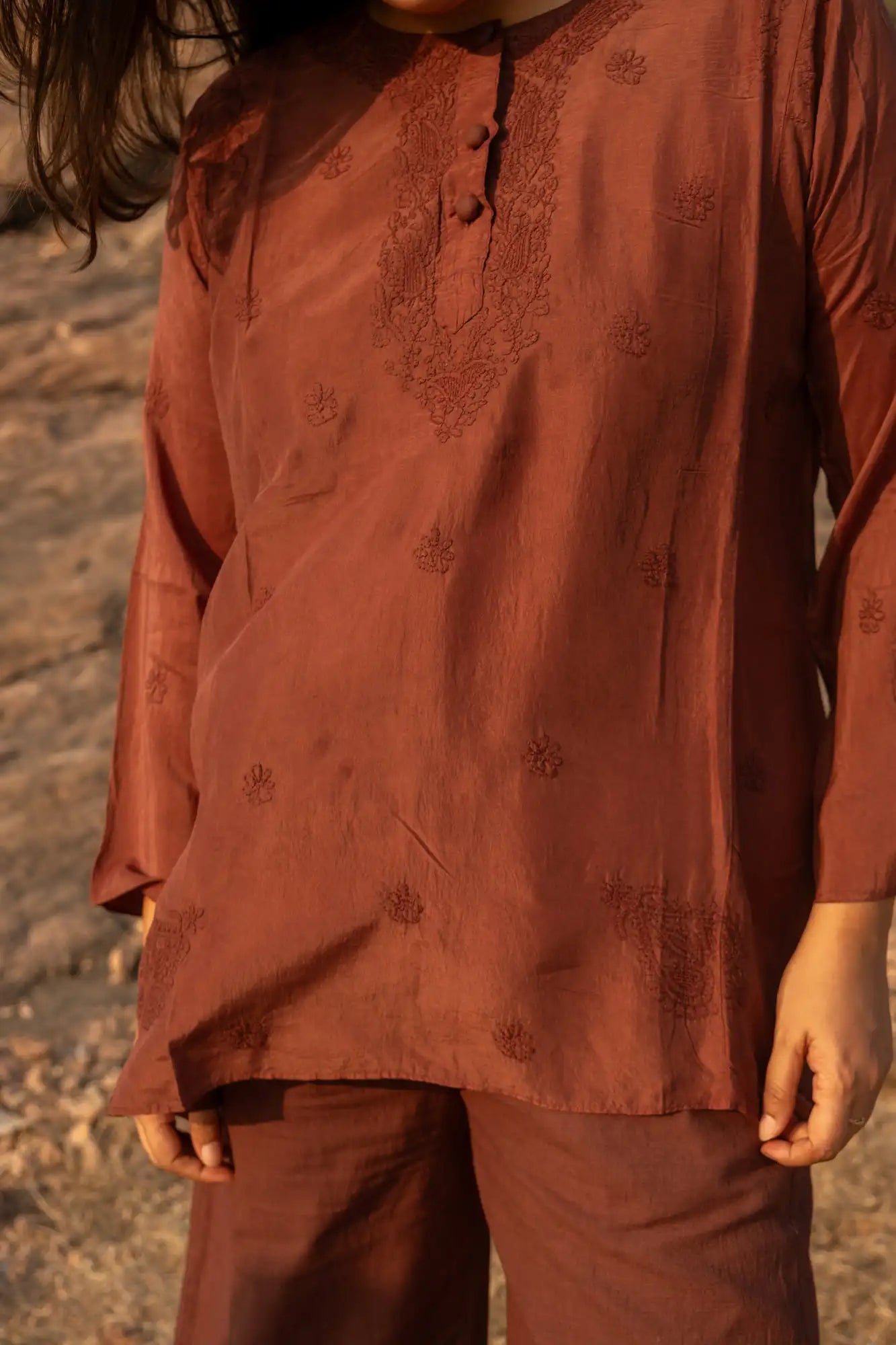 Amhara Chikankari Silk Co-ord Set (2 Pieces) - Cocoa Brown