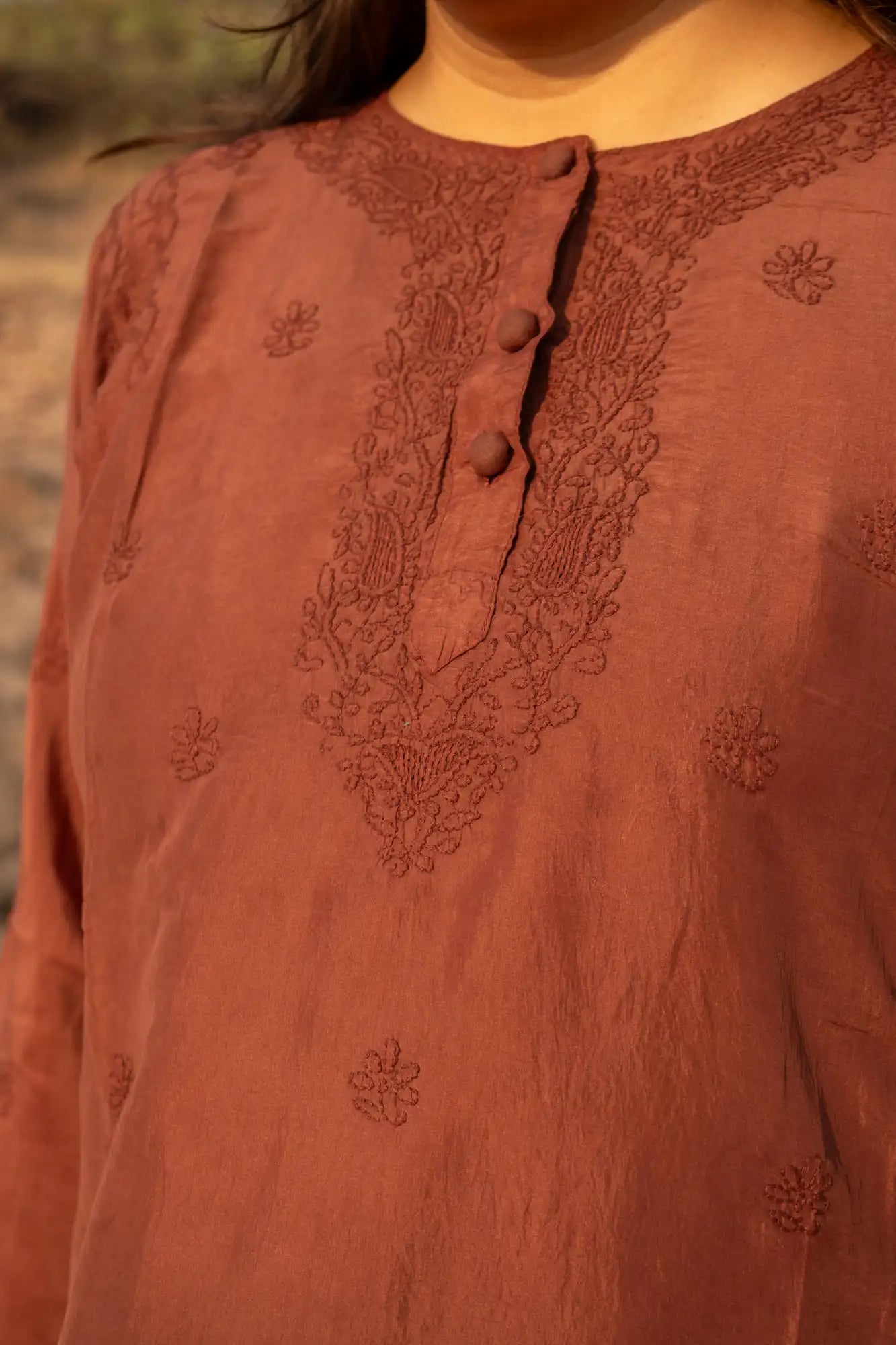 Amhara Chikankari Silk Co-ord Set (2 Pieces) - Cocoa Brown