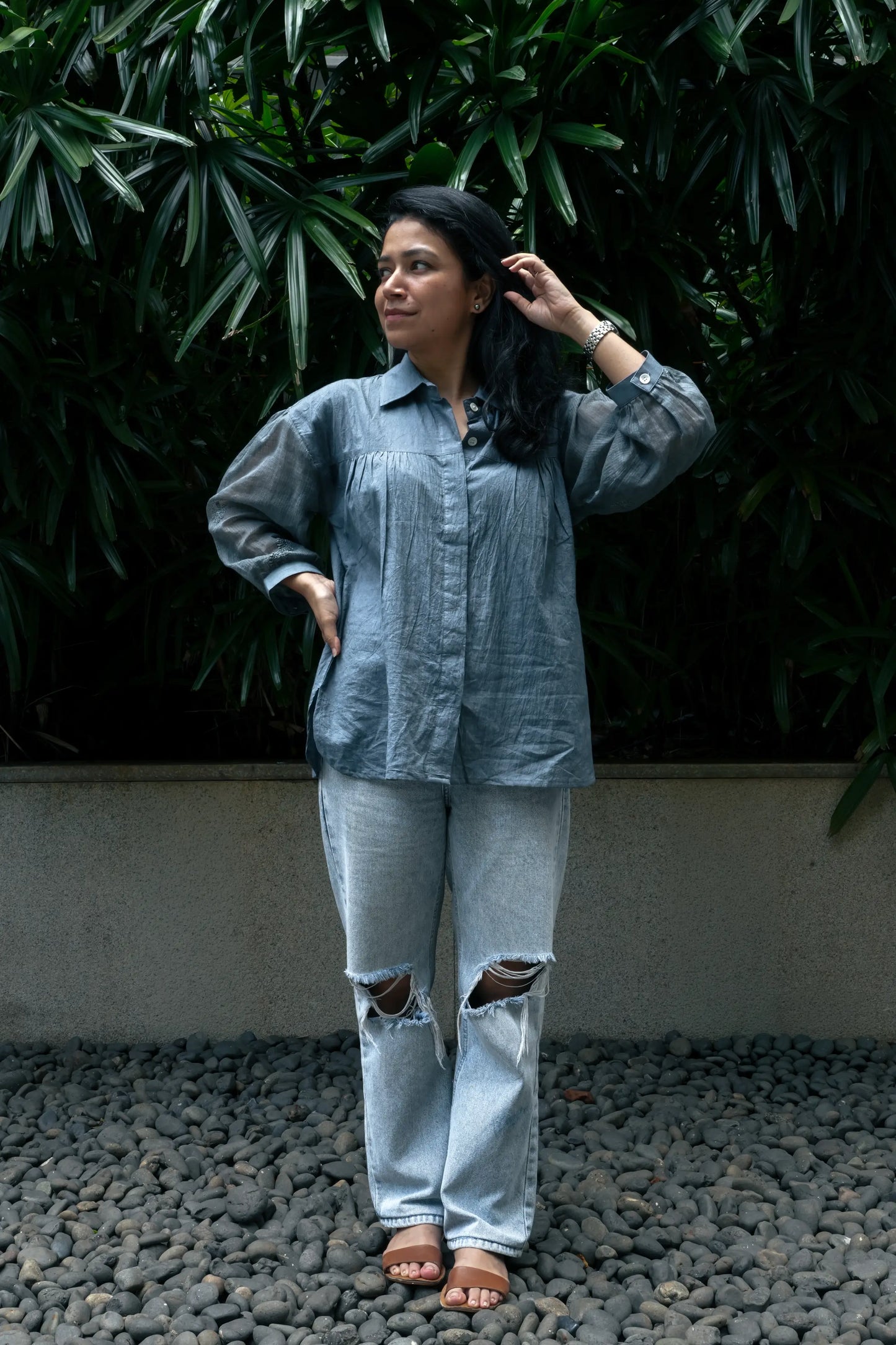 Balloon Sleeve Chikankari Shirt - Slate Grey