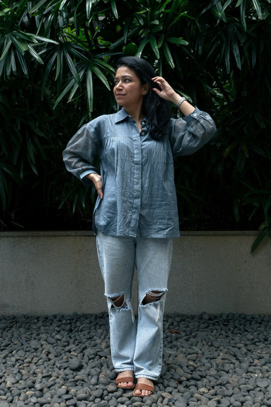 Balloon Sleeve Chikankari Shirt - Slate Grey
