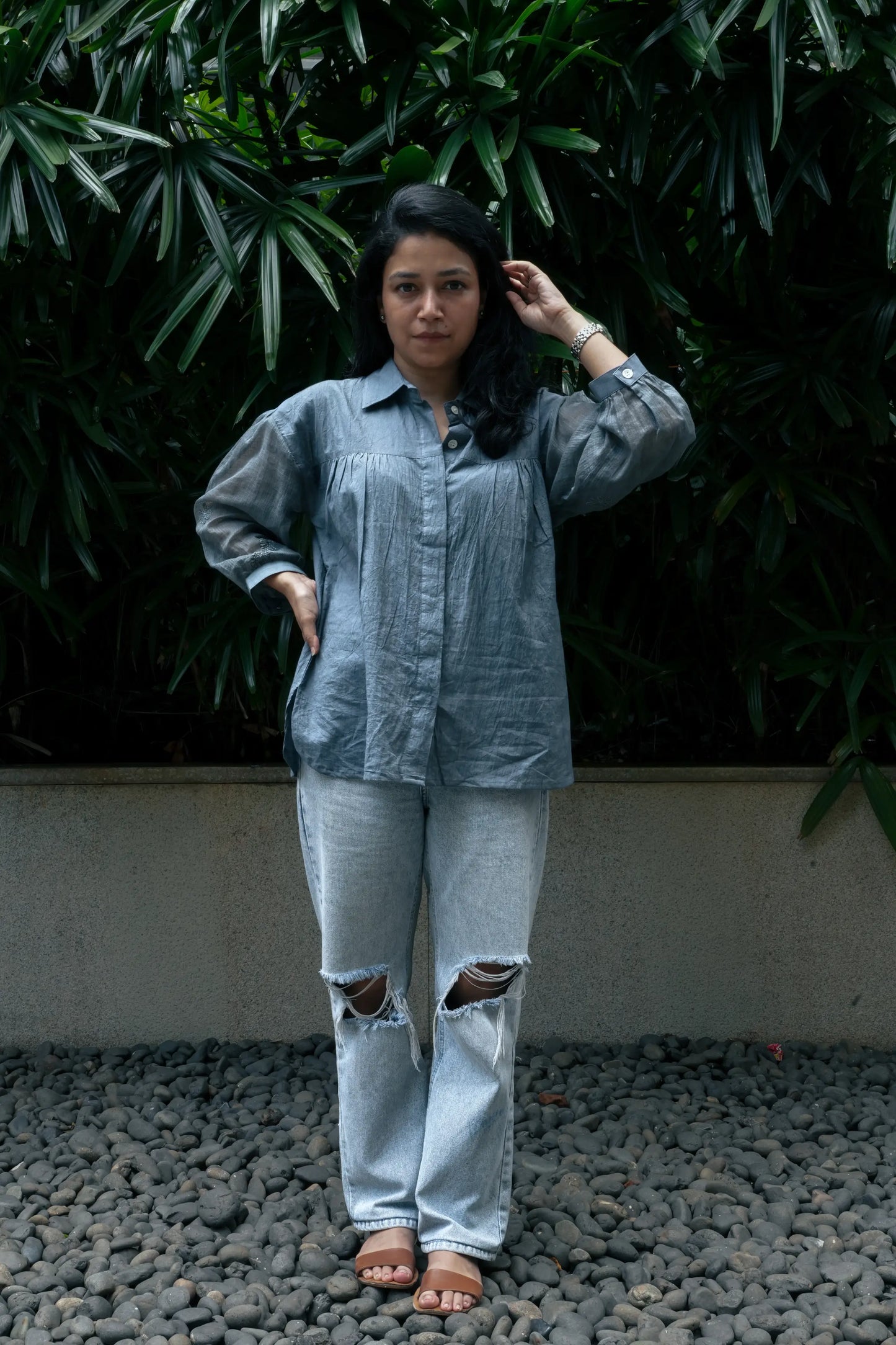 Balloon Sleeve Chikankari Shirt - Slate Grey