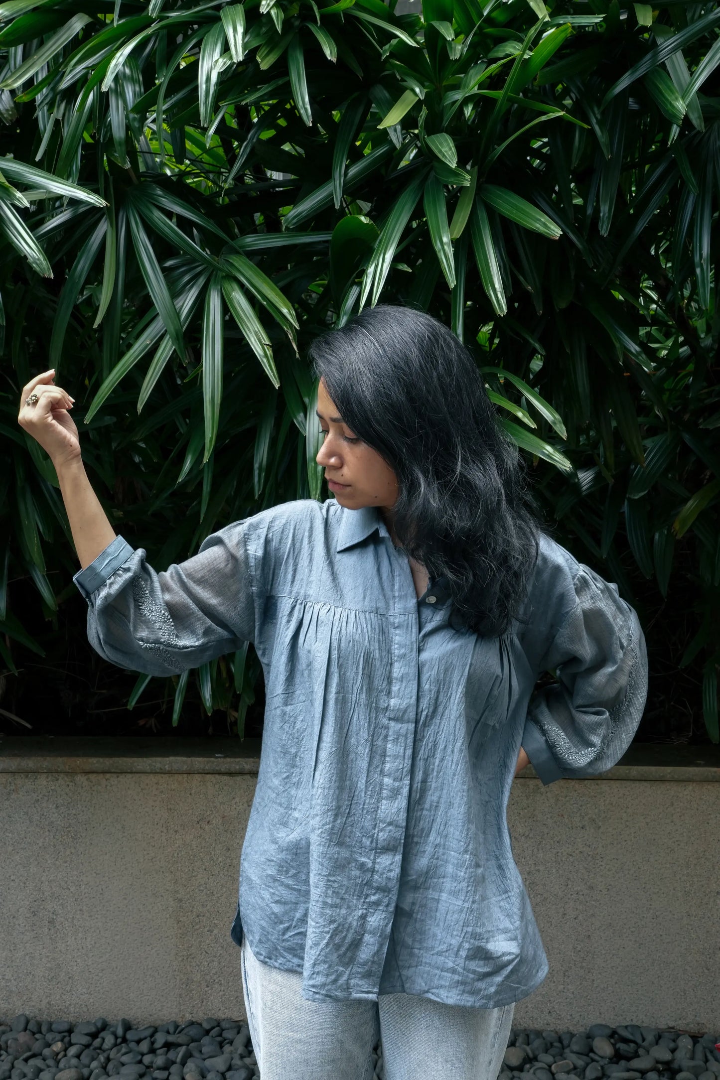 Balloon Sleeve Chikankari Shirt - Slate Grey