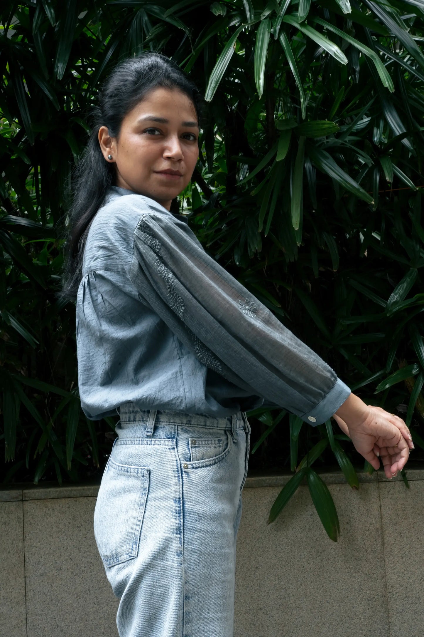 Balloon Sleeve Chikankari Shirt - Slate Grey