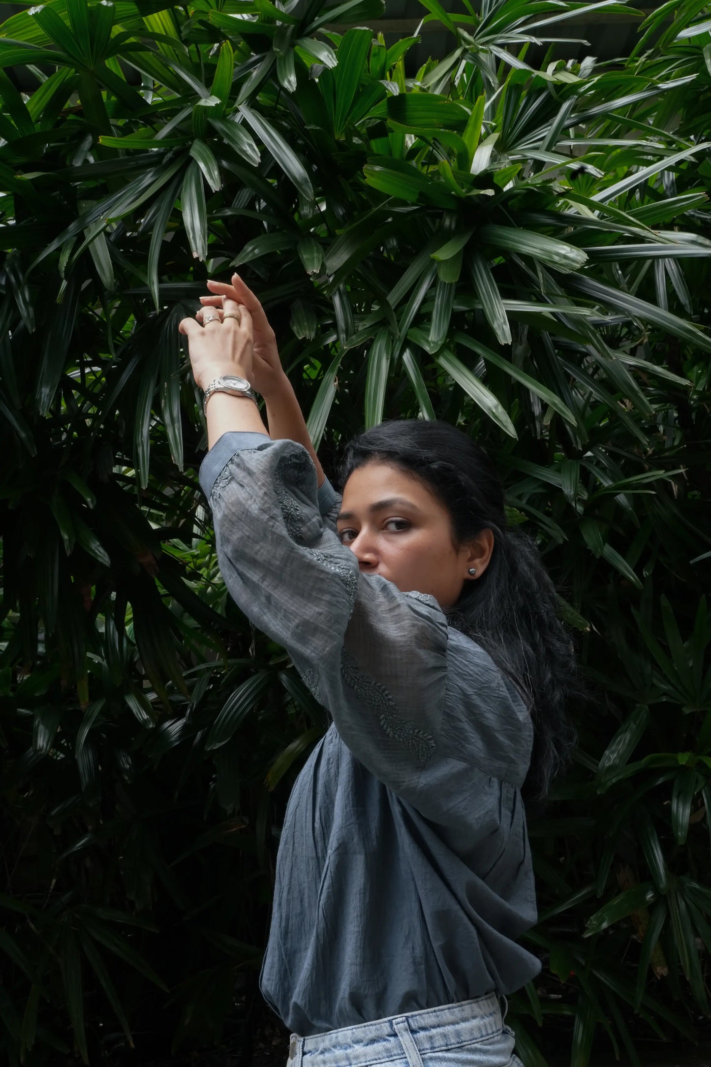 Balloon Sleeve Chikankari Shirt - Slate Grey