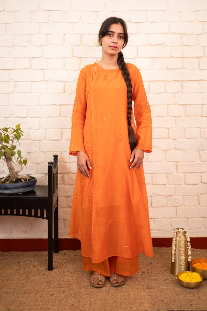 Burnt Orange Chikankari Mul Angrakha Co-ord Set