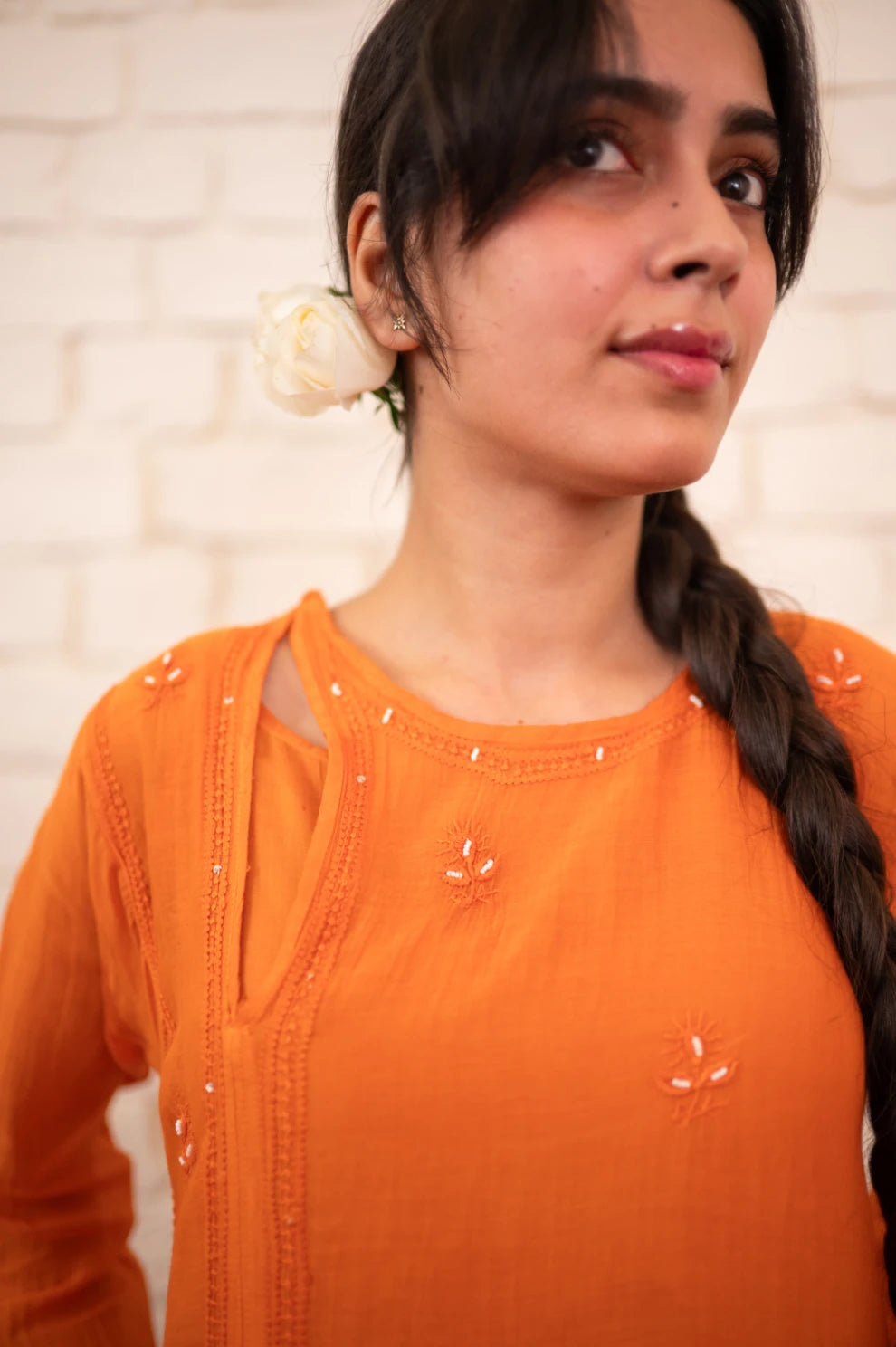 Burnt Orange Chikankari Mul Angrakha Co-ord Set