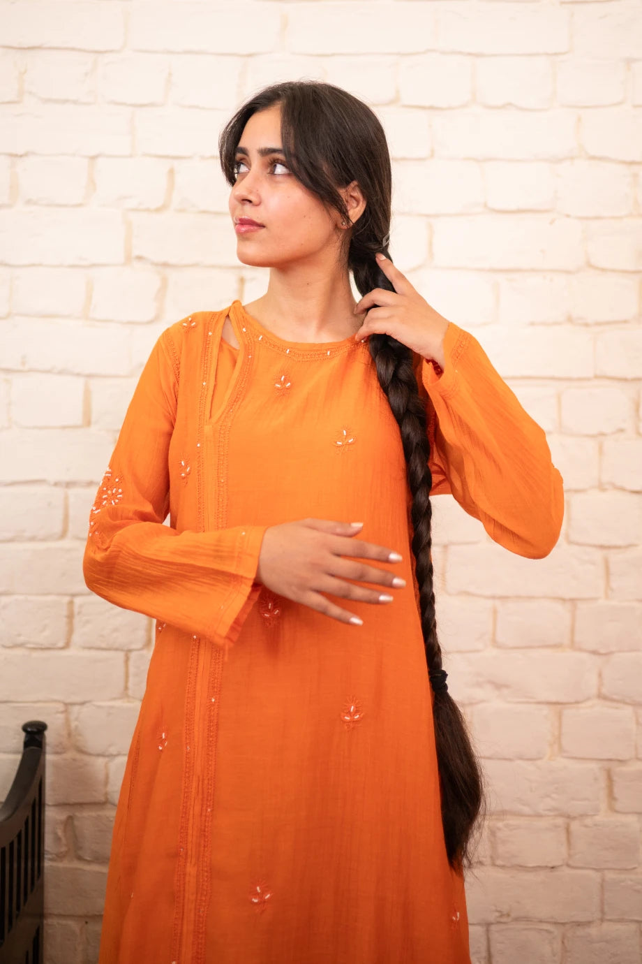 Burnt Orange Chikankari Mul Angrakha Co-ord Set