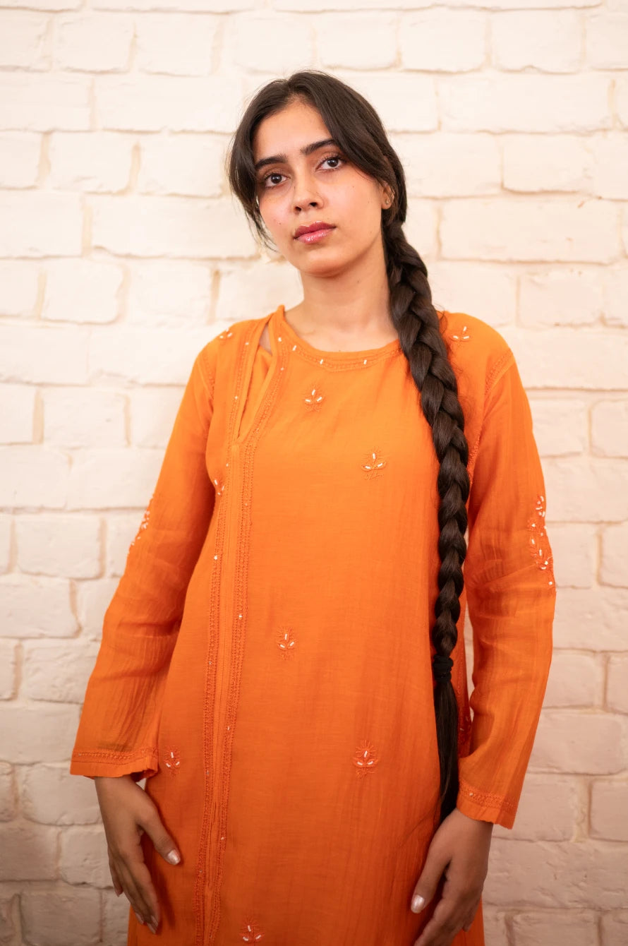 Burnt Orange Chikankari Mul Angrakha Co-ord Set