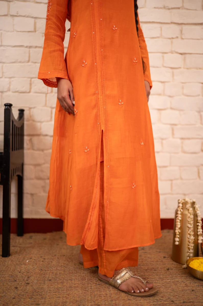 Burnt Orange Chikankari Mul Angrakha Co-ord Set