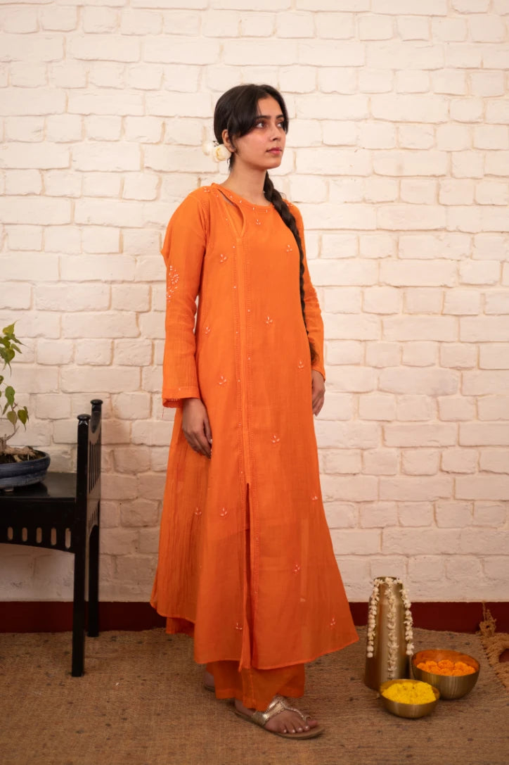 Burnt Orange Chikankari Mul Angrakha Co-ord Set