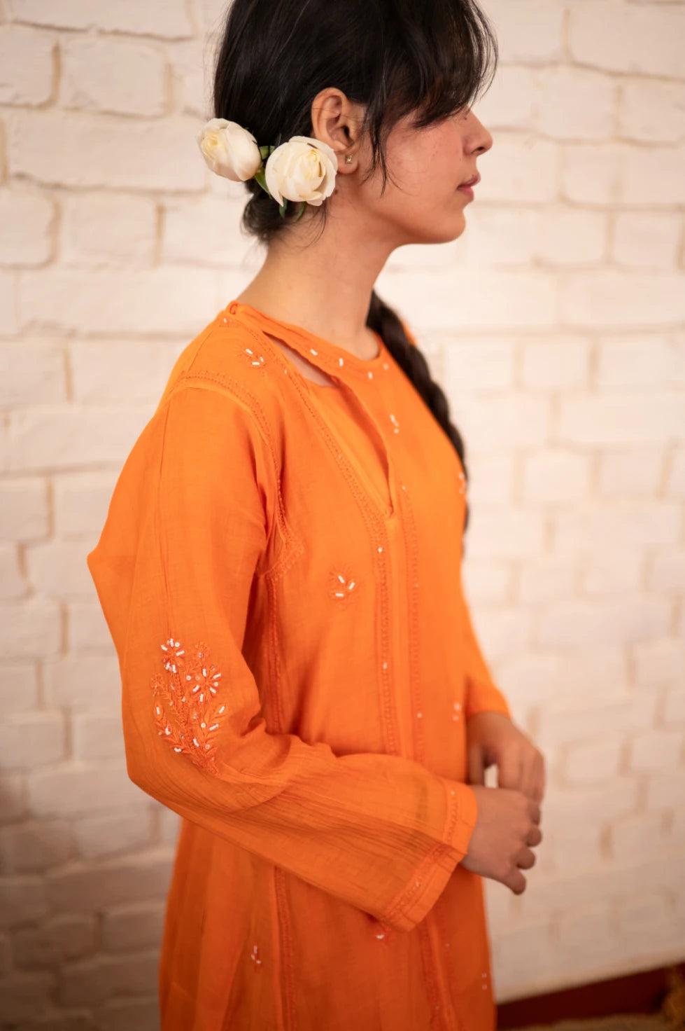 Burnt Orange Chikankari Mul Angrakha Co-ord Set
