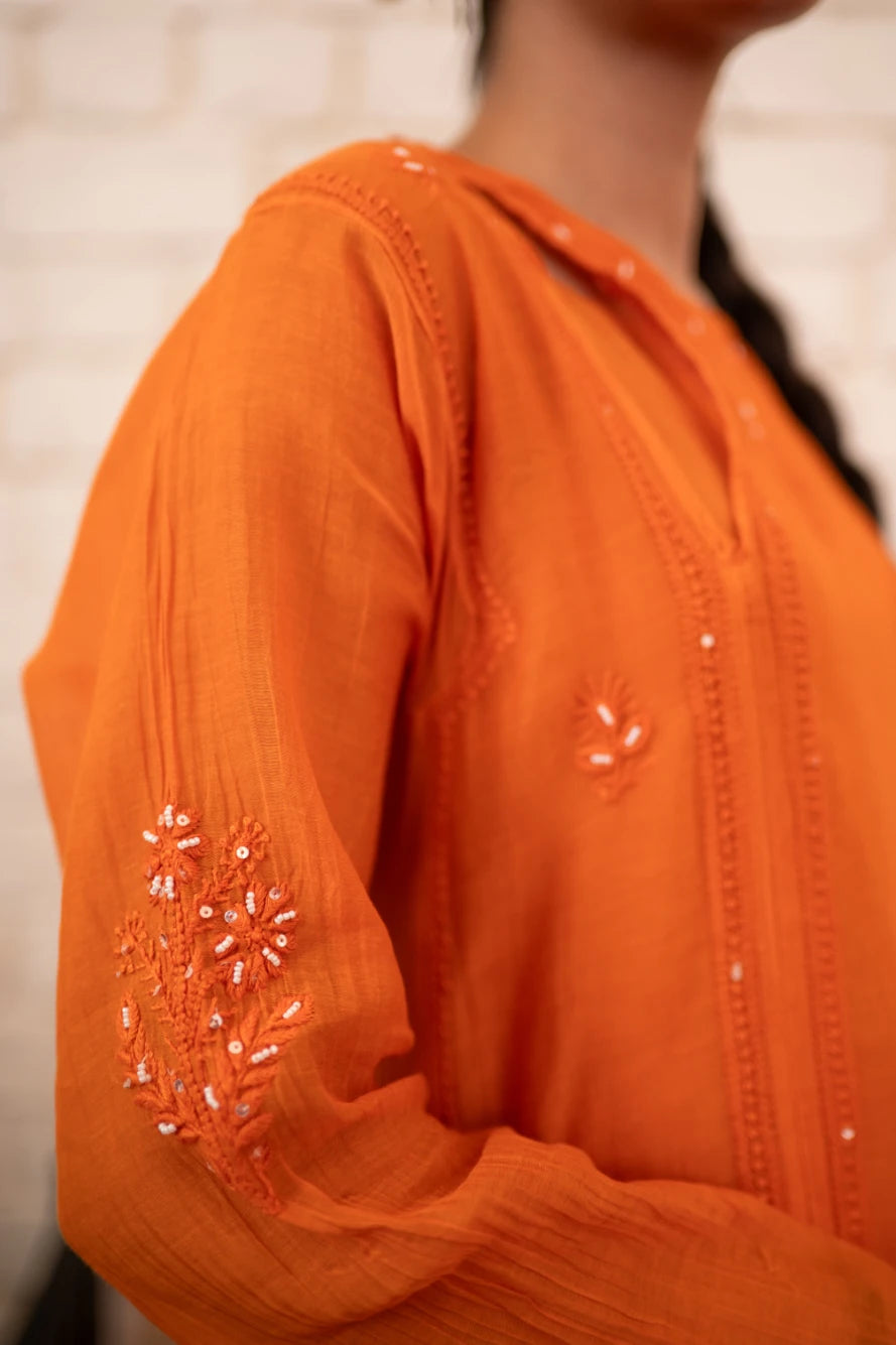 Burnt Orange Chikankari Mul Angrakha Co-ord Set
