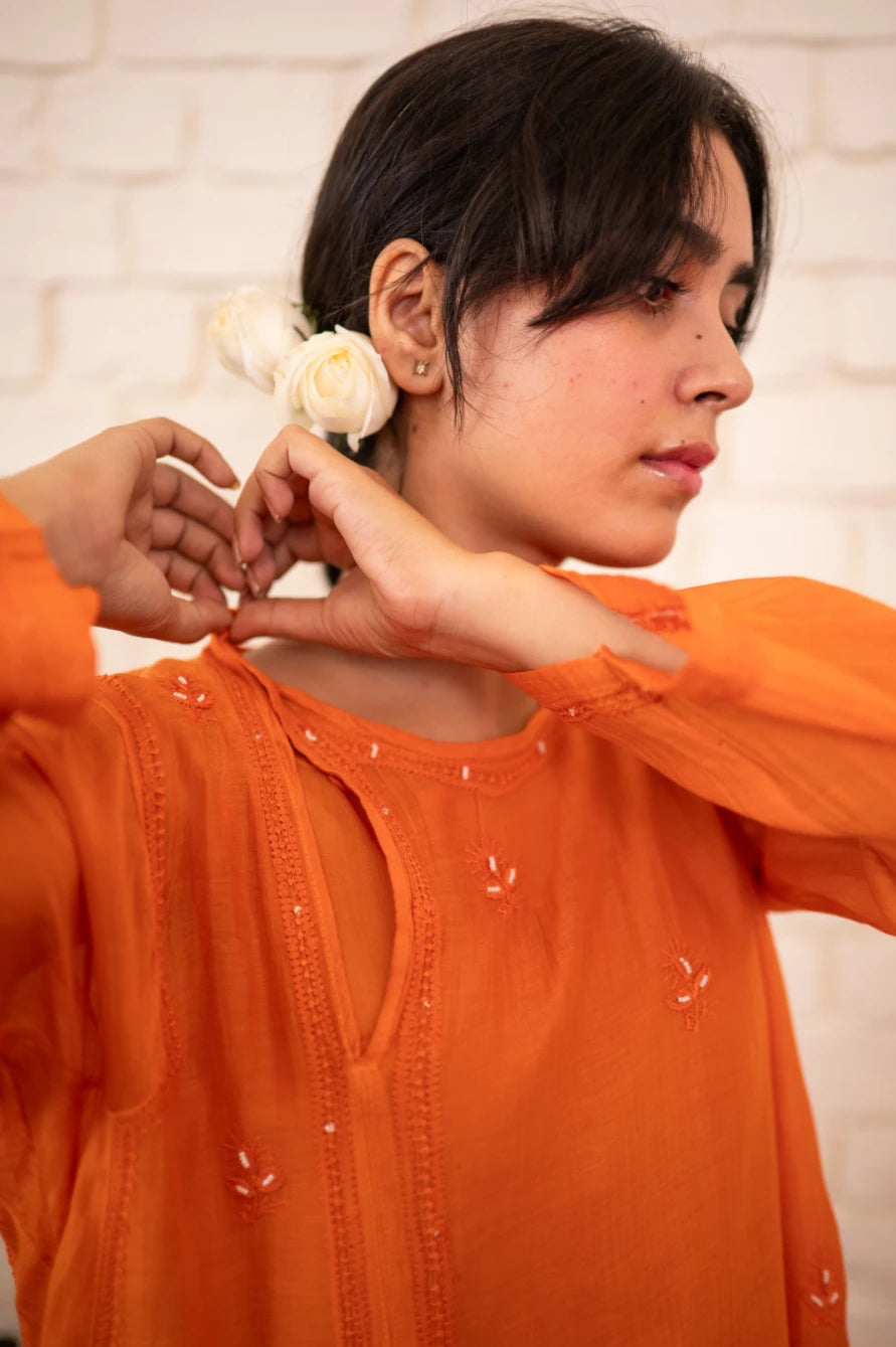 Burnt Orange Chikankari Mul Angrakha Co-ord Set