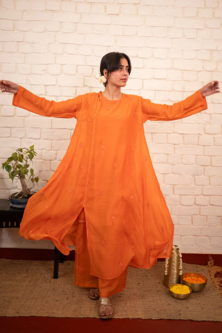 Burnt Orange Chikankari Mul Angrakha Co-ord Set