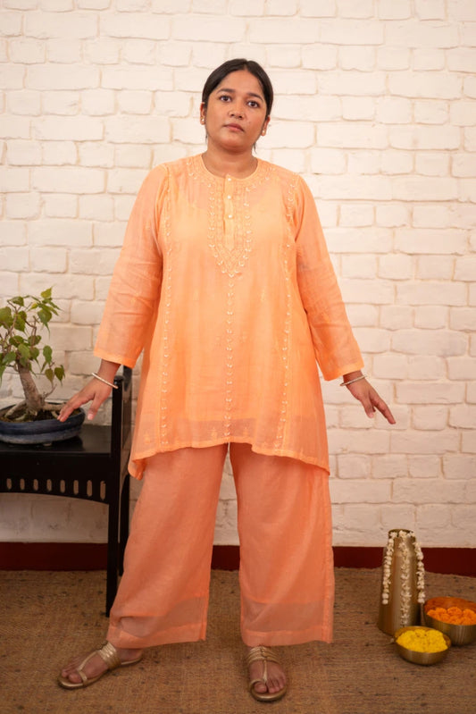 Apricot Blush Chikankari Mul Short Kurta Co-ord Set