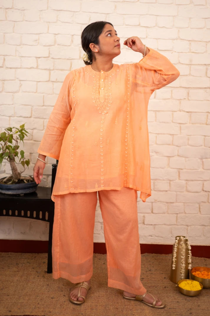 Apricot Blush Chikankari Mul Short Kurta Co-ord Set