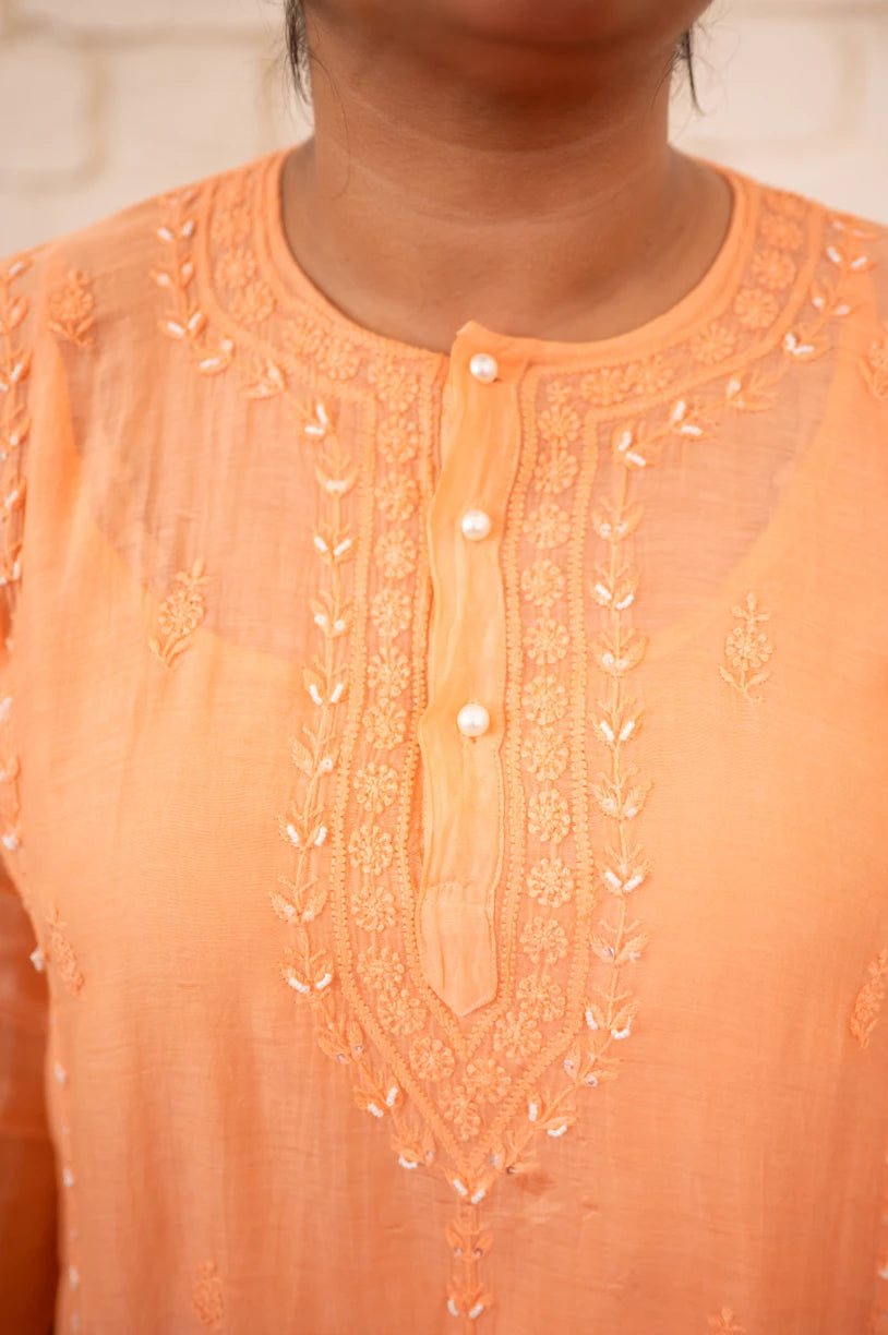 Apricot Blush Chikankari Mul Short Kurta Co-ord Set