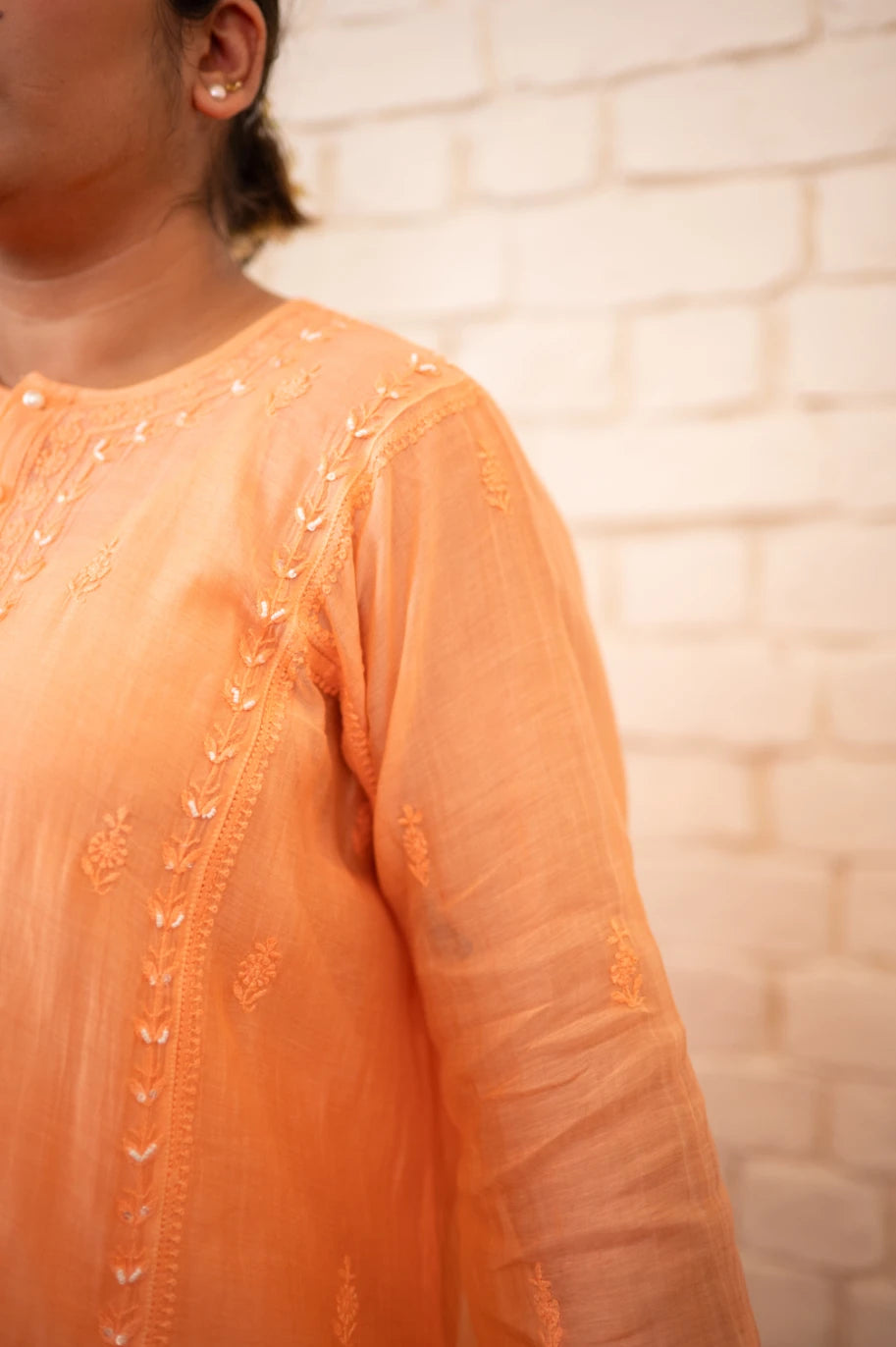 Apricot Blush Chikankari Mul Short Kurta Co-ord Set