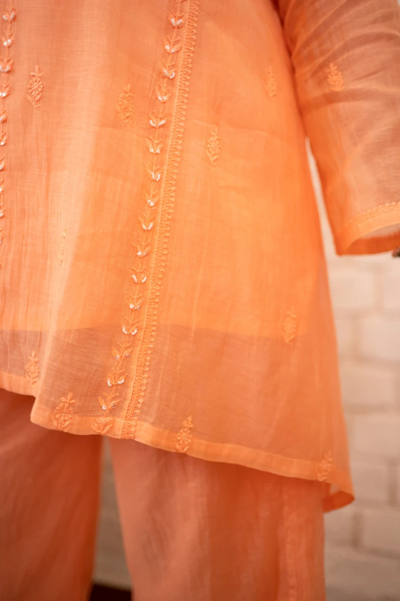Apricot Blush Chikankari Mul Short Kurta Co-ord Set