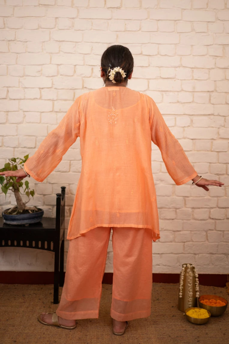Apricot Blush Chikankari Mul Short Kurta Co-ord Set