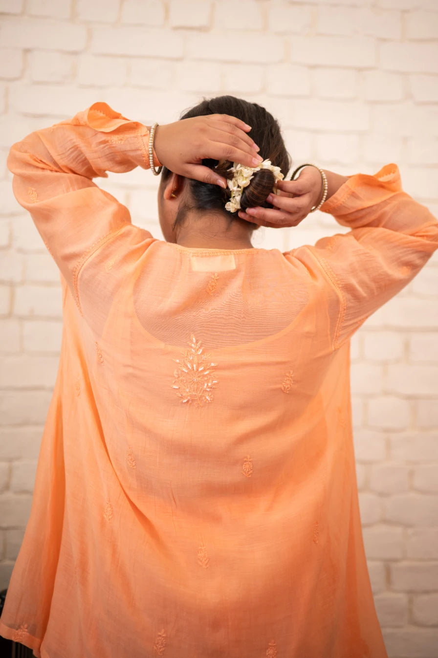 Apricot Blush Chikankari Mul Short Kurta Co-ord Set