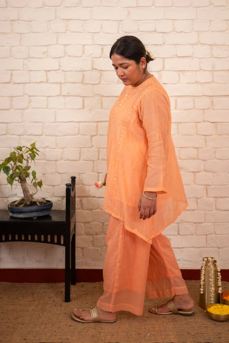 Apricot Blush Chikankari Mul Short Kurta Co-ord Set