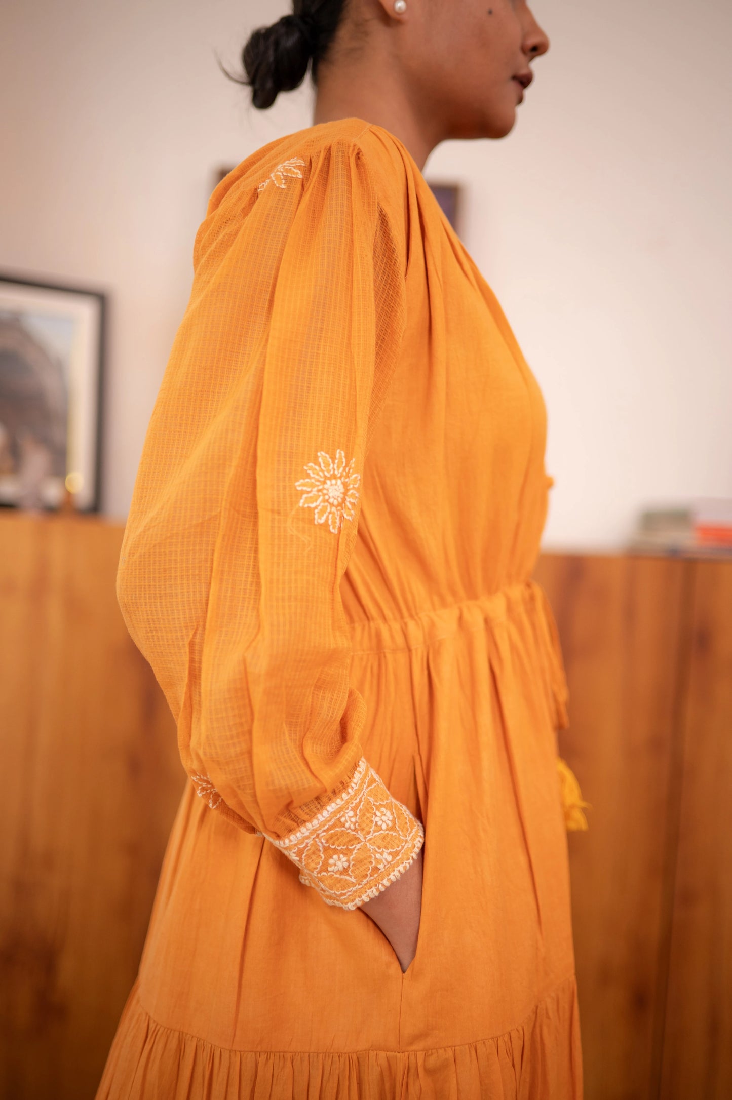 Chikankari Baazu Layered Dress - Tangerine